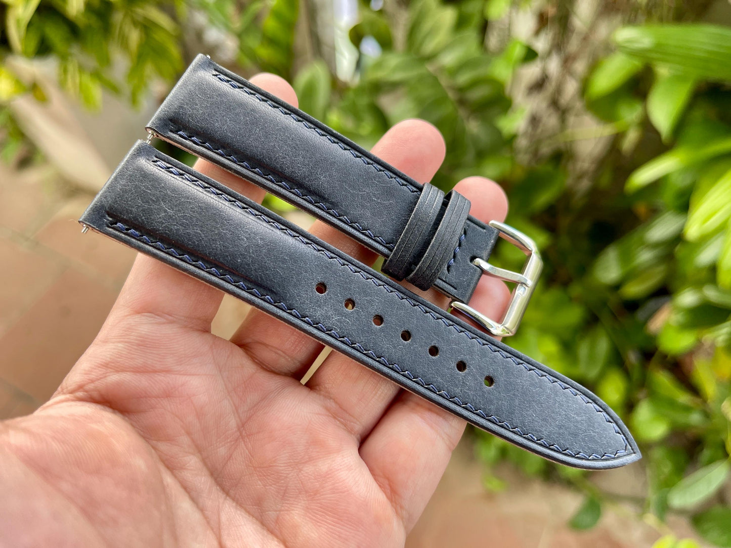 Pueblo Leather Watch Strap In Navy Color, Pre-installed Quick Release Spring Bars