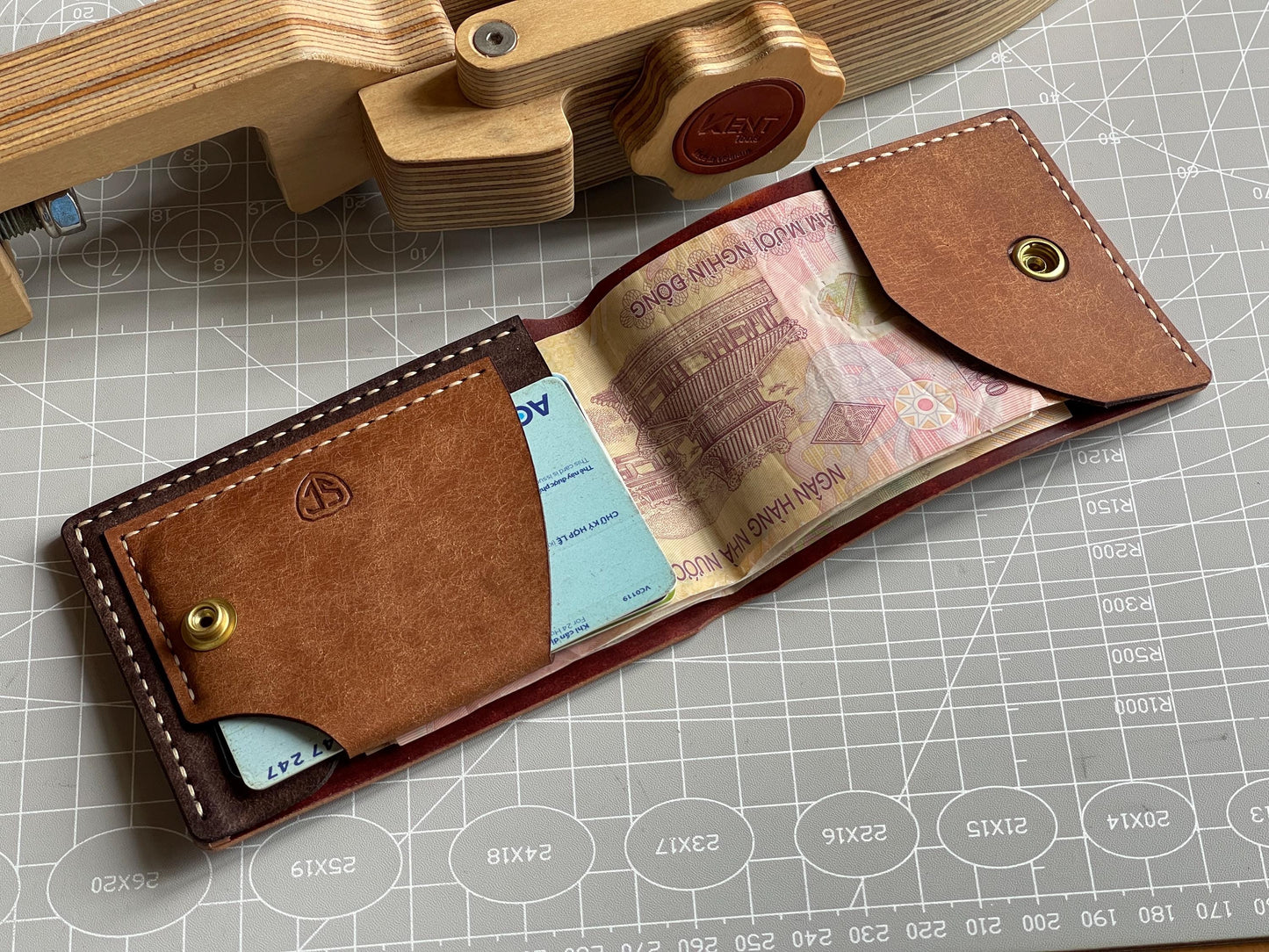 Burgundy Rocado Shell Cordovan + Pueblo Leather Simple Wallet, SC Wallet 3