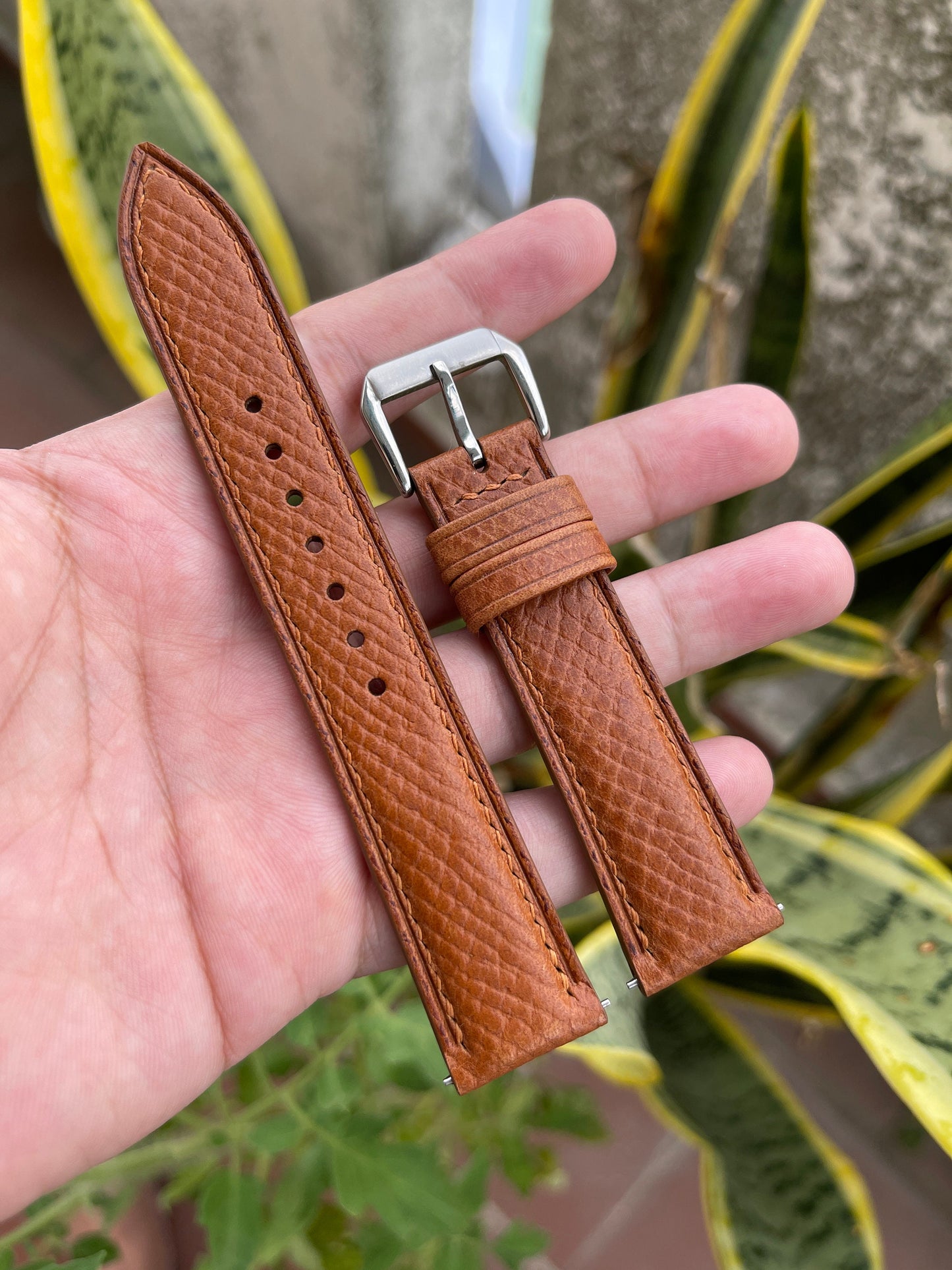 Horween Hatch Grain Leather Watch Strap - Golden Brown with Quick Release