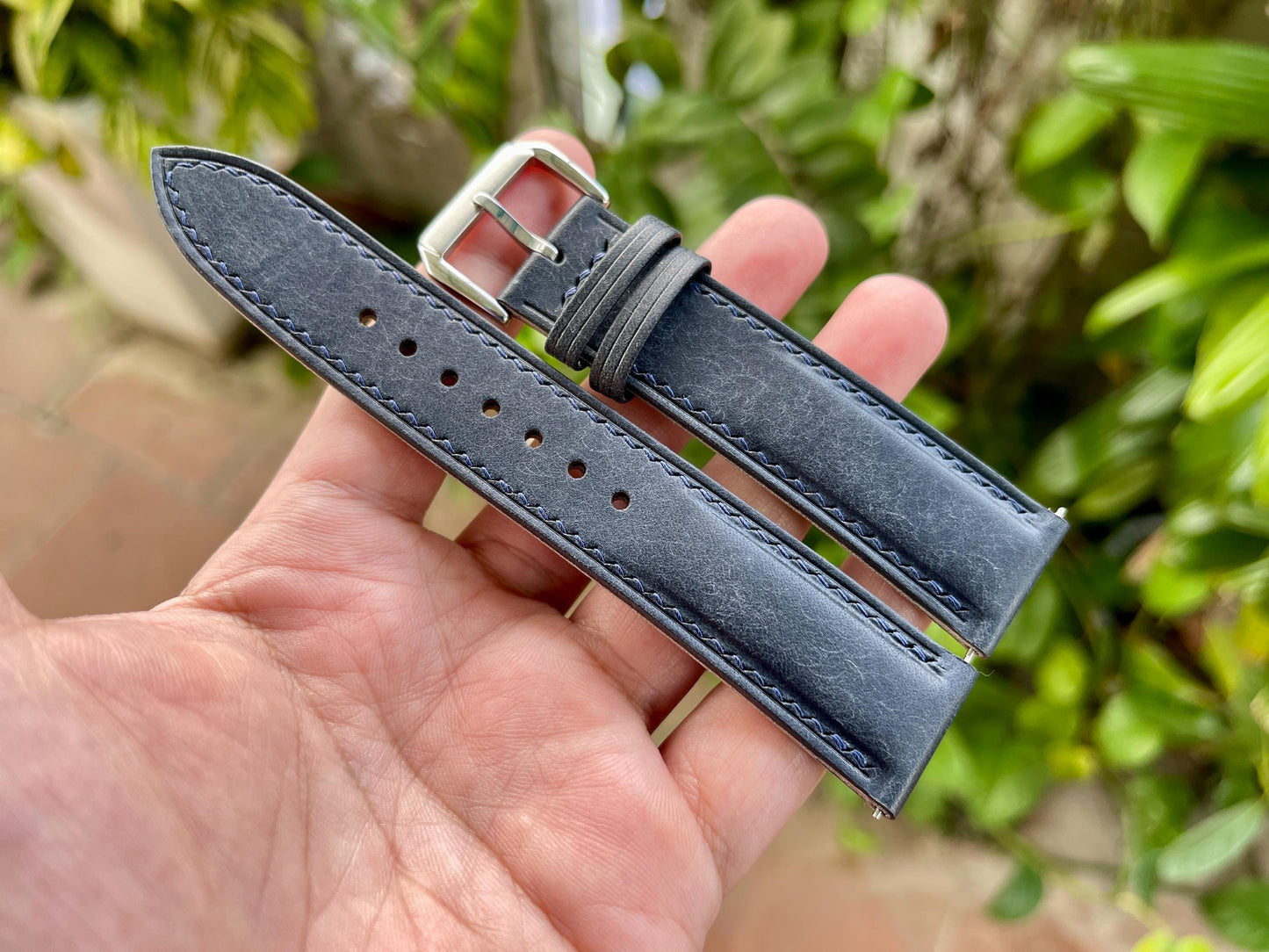 Pueblo Leather Watch Strap In Navy Color, Pre-installed Quick Release Spring Bars