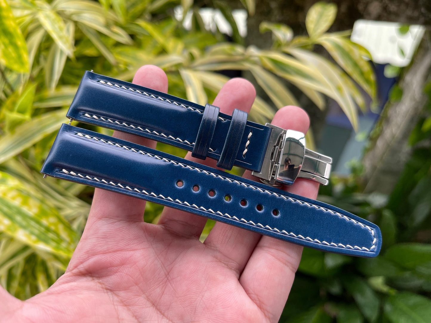 Blue Shell Cordovan Watch Strap with Quick Release Spring Bars