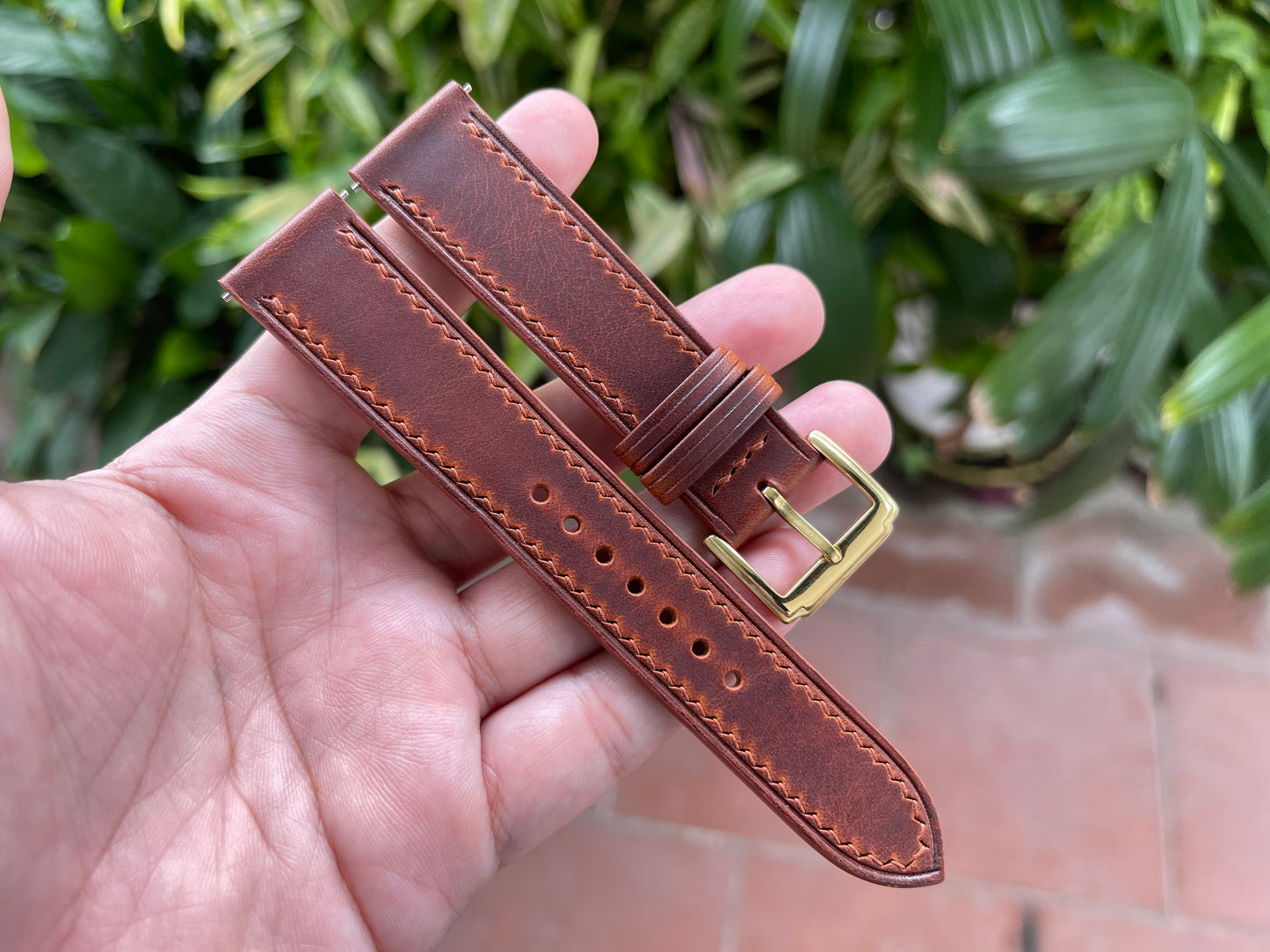 Waxy Leather Watch Strap in Cognac Color, Pre-installed Quick Release Spring Bars