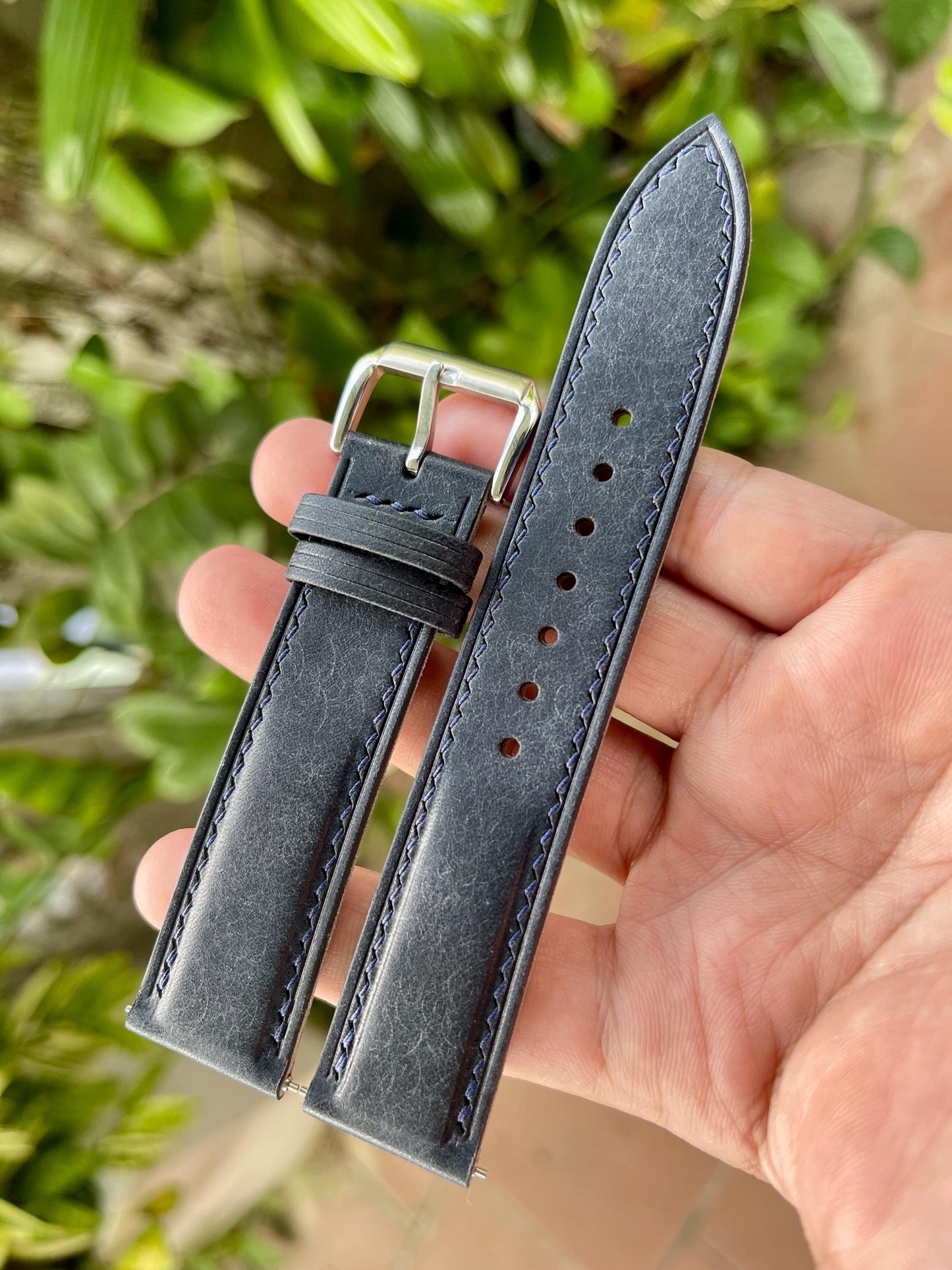 Pueblo Leather Watch Strap In Navy Color, Pre-installed Quick Release Spring Bars