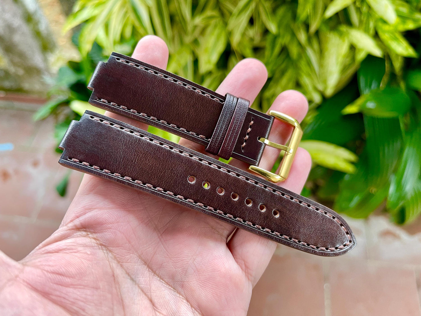 Corner Notched, Centre Notched Watch Strap from Dark Brown Horween Horsehide Strip Leather