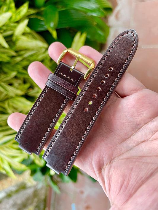 Corner Notched, Centre Notched Watch Strap from Dark Brown Horween Horsehide Strip Leather