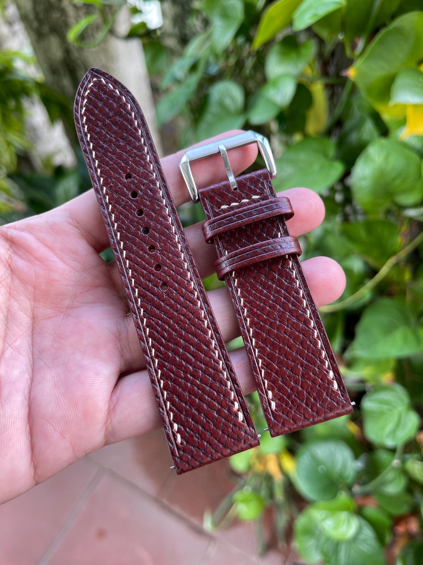 Mahogany Horween Hatch Grain Leather Watch Strap with Quick Release Spring Bars
