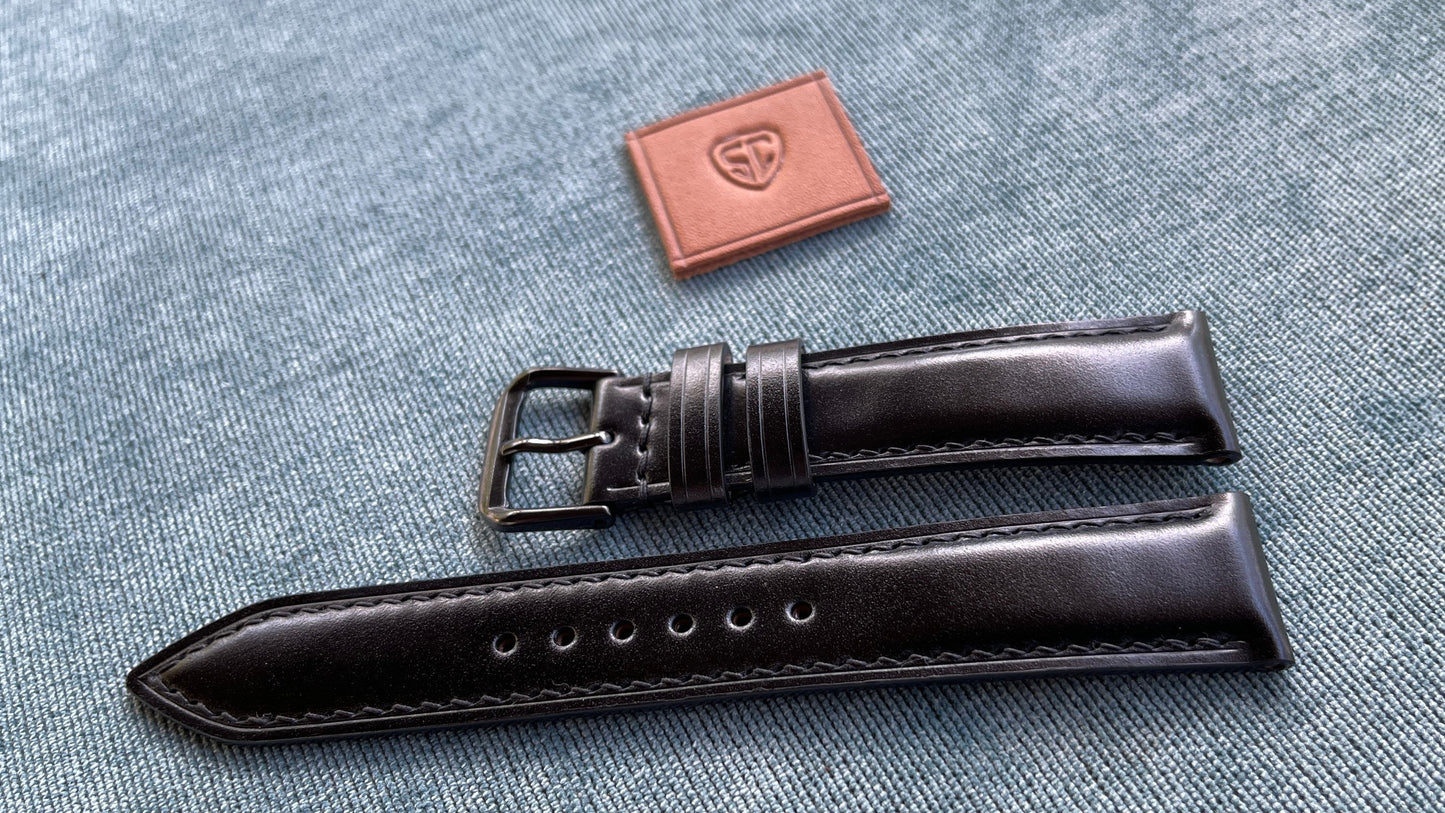 Black Shell Cordovan Watch Strap with Quick Release Spring Bars