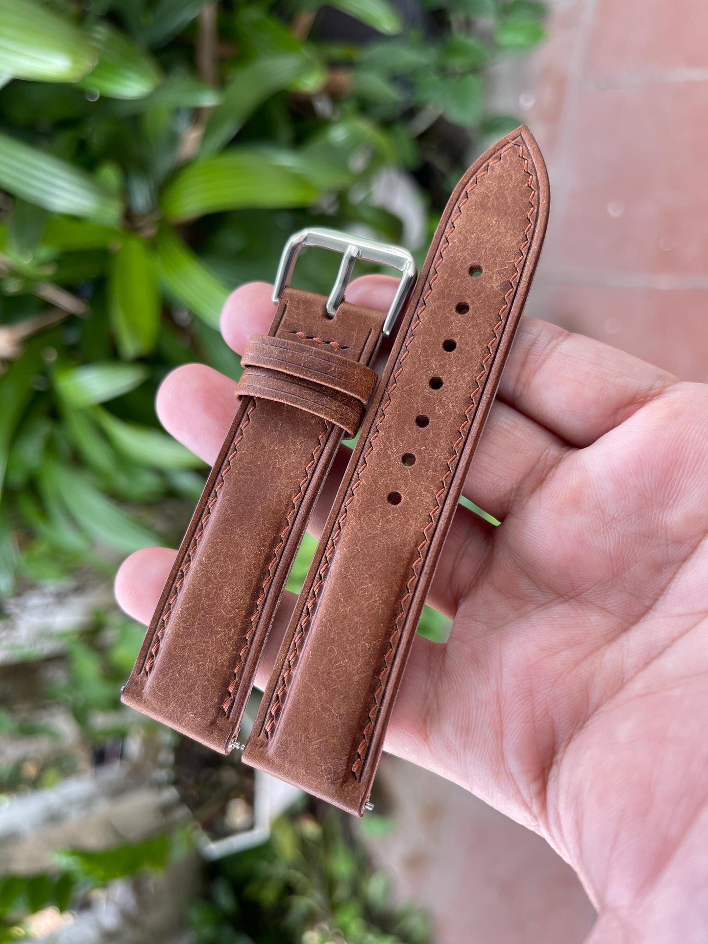 Pueblo Leather Watch Strap in Walnut Color, Pre-installed Quick Release Spring Bars