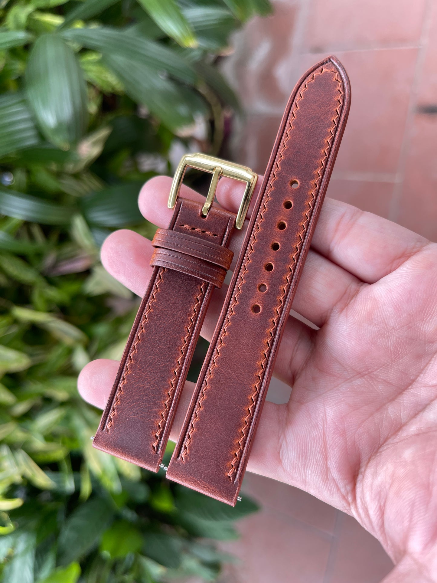 Waxy Leather Watch Strap in Cognac Color, Pre-installed Quick Release Spring Bars