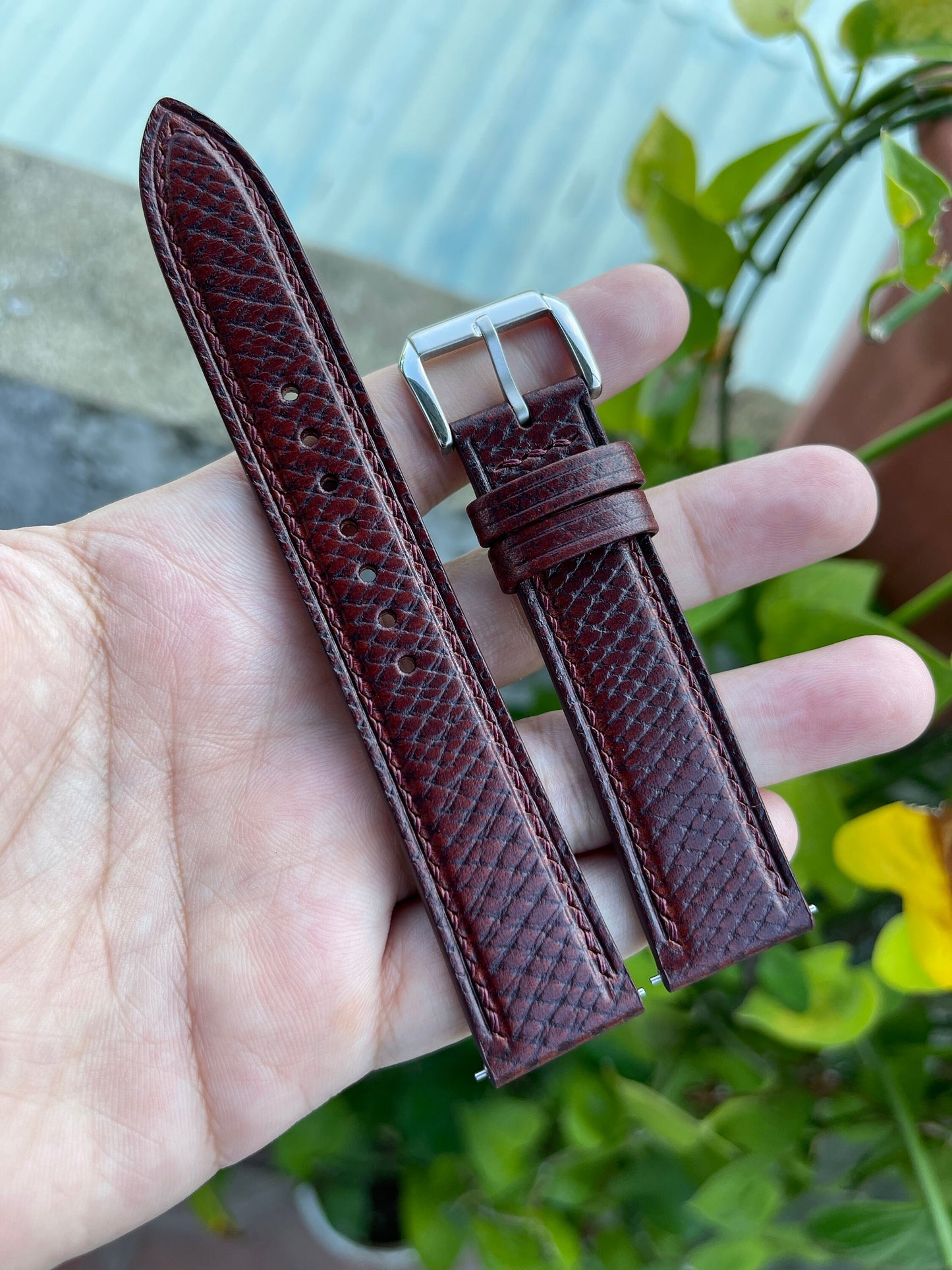 Mahogany Horween Hatch Grain Leather Watch Strap with Quick Release Spring Bars