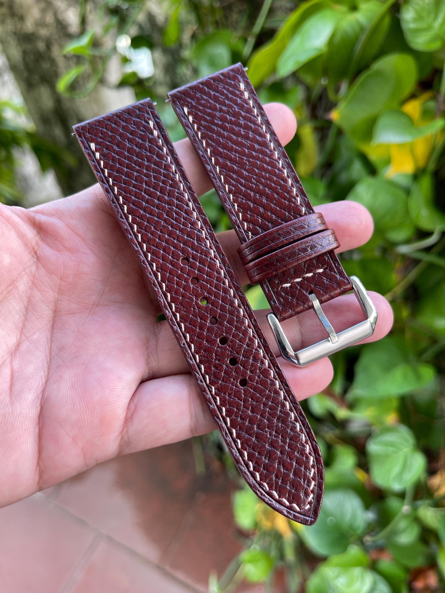Mahogany Horween Hatch Grain Leather Watch Strap with Quick Release Spring Bars
