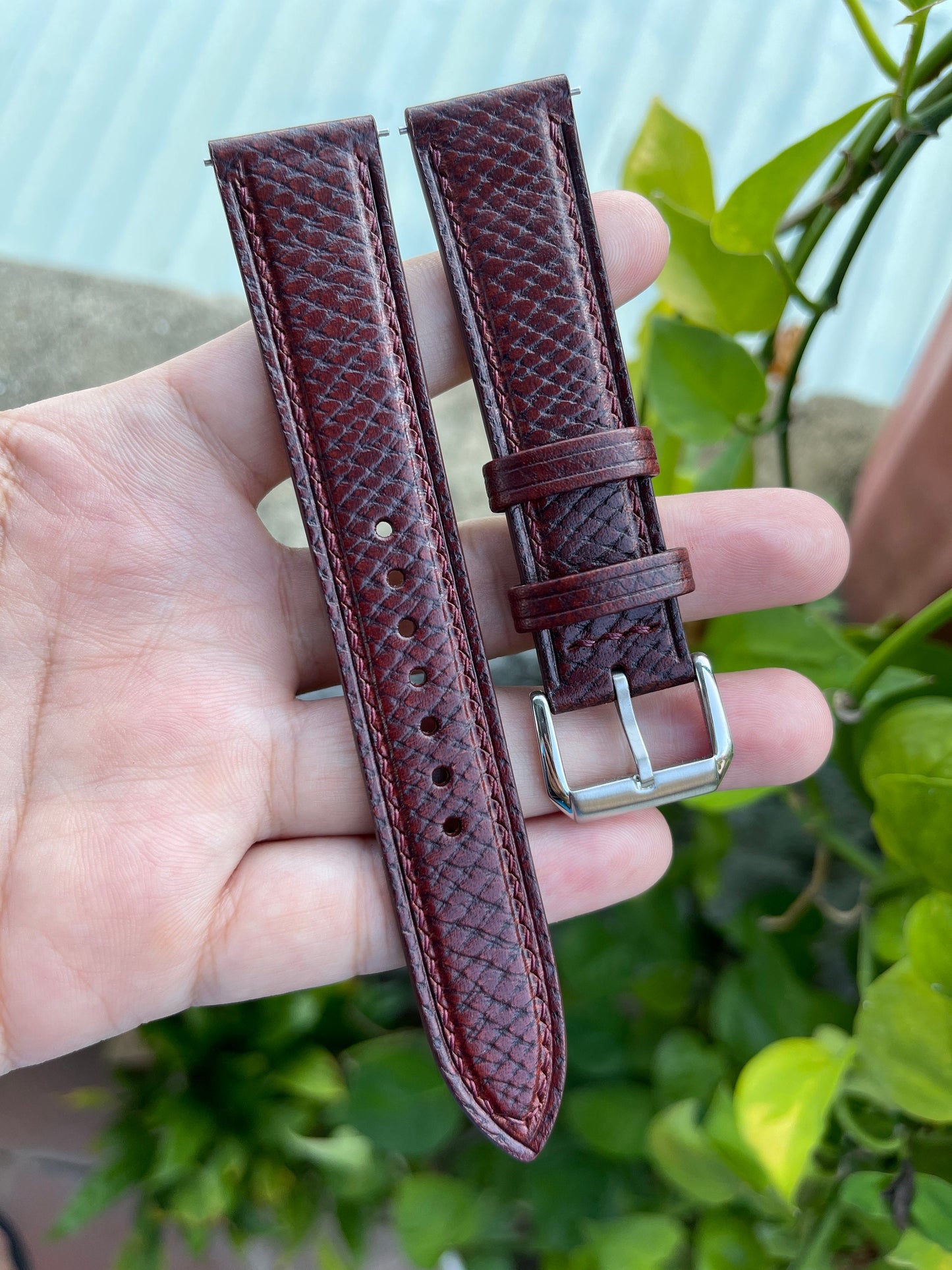 Mahogany Horween Hatch Grain Leather Watch Strap with Quick Release Spring Bars
