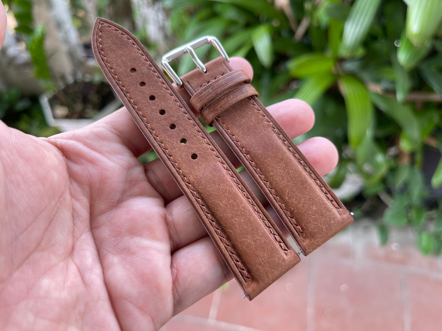 Pueblo Leather Watch Strap in Walnut Color, Pre-installed Quick Release Spring Bars