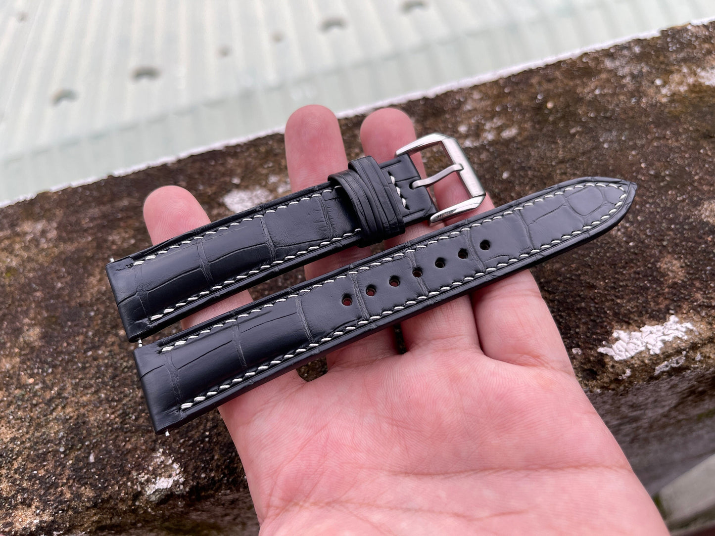 Black Alligator Leather Watch Strap With Quick Release Spring Bars