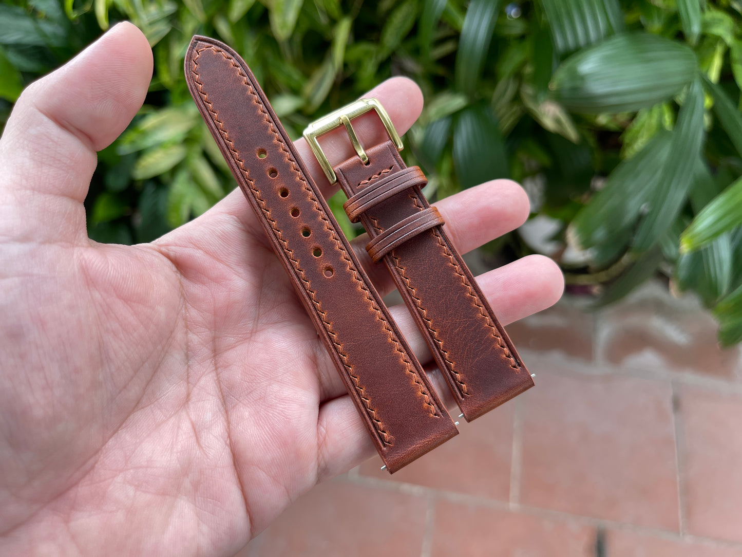 Waxy Leather Watch Strap in Cognac Color, Pre-installed Quick Release Spring Bars