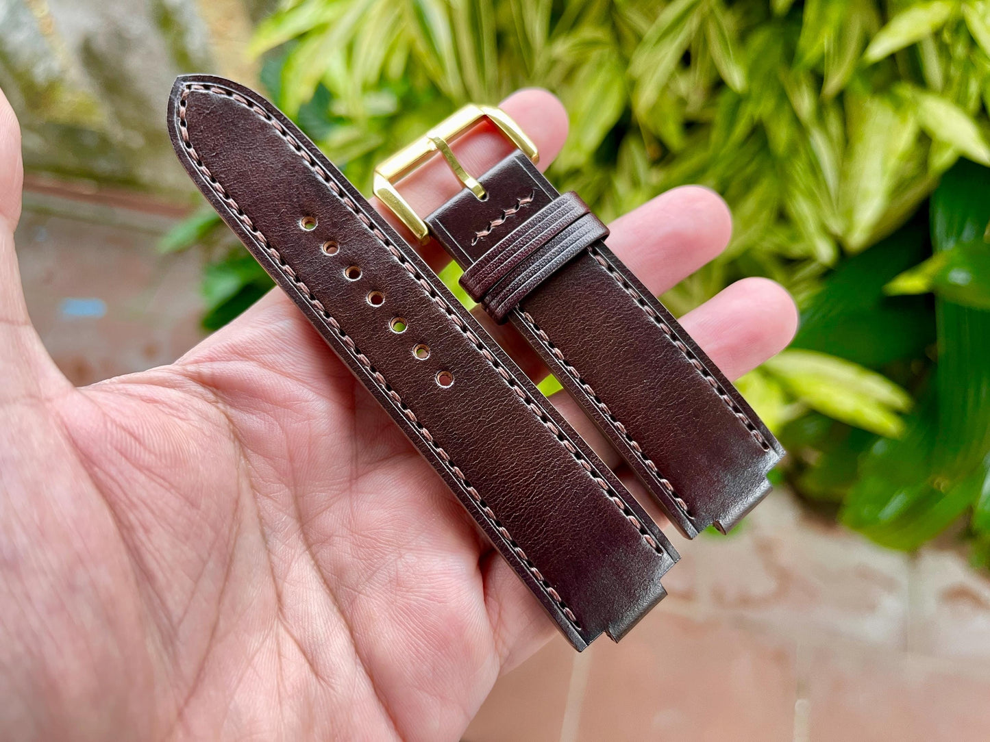 Corner Notched, Centre Notched Watch Strap from Dark Brown Horween Horsehide Strip Leather