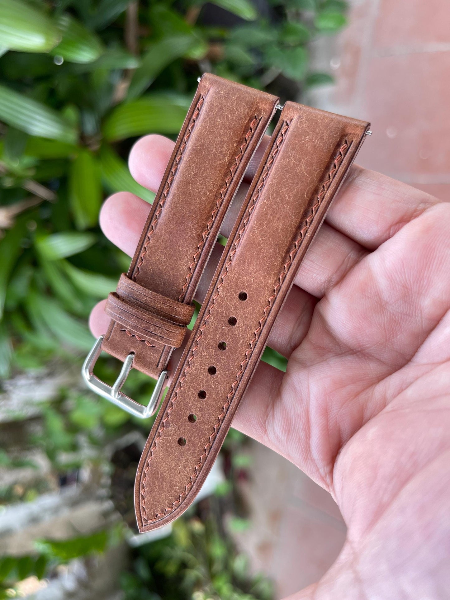 Pueblo Leather Watch Strap in Walnut Color, Pre-installed Quick Release Spring Bars