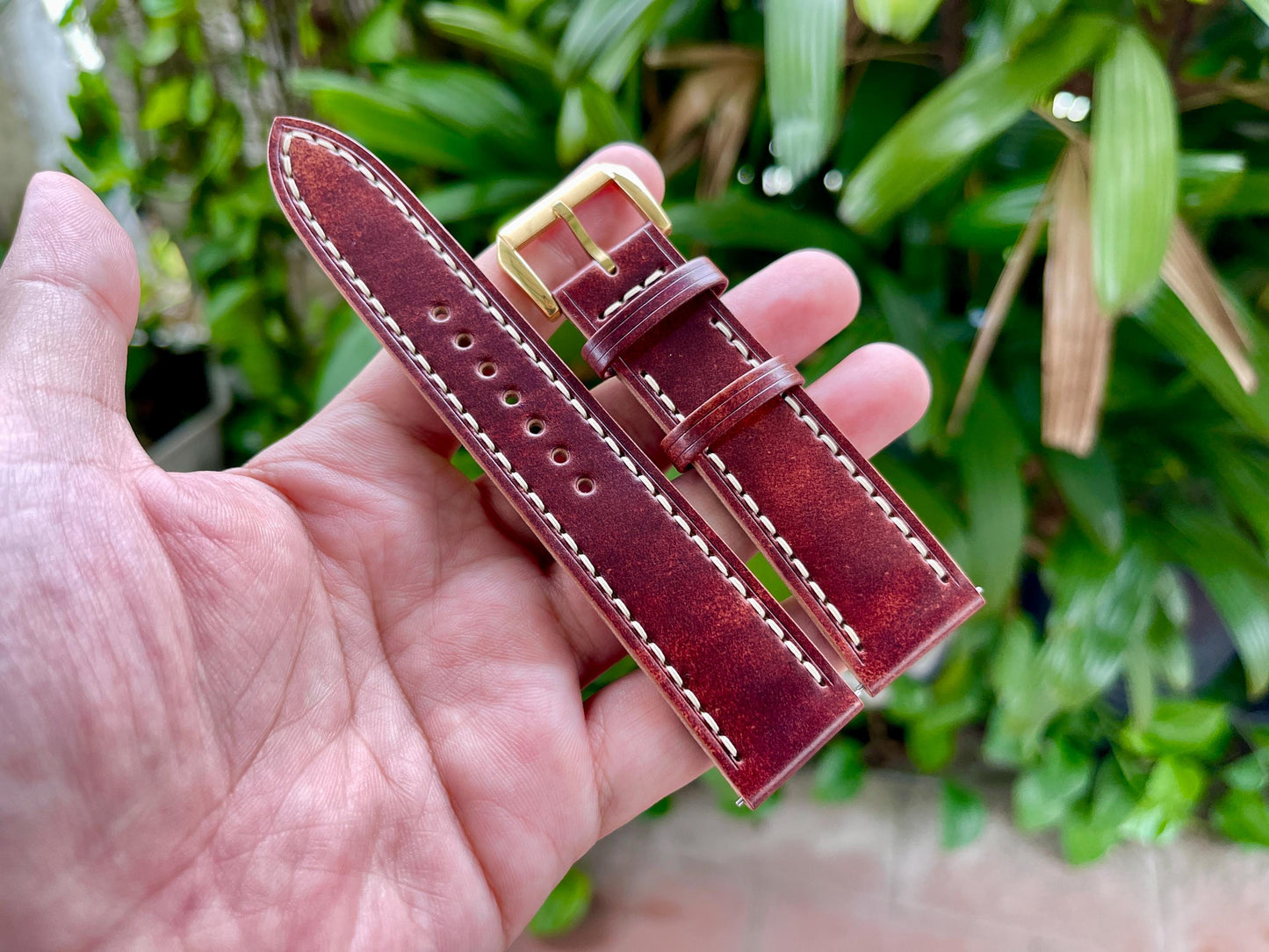 Marbled Burgundy Rocado Shell Cordovan Watch Strap, Pre-installed Quick Release Spring Bars