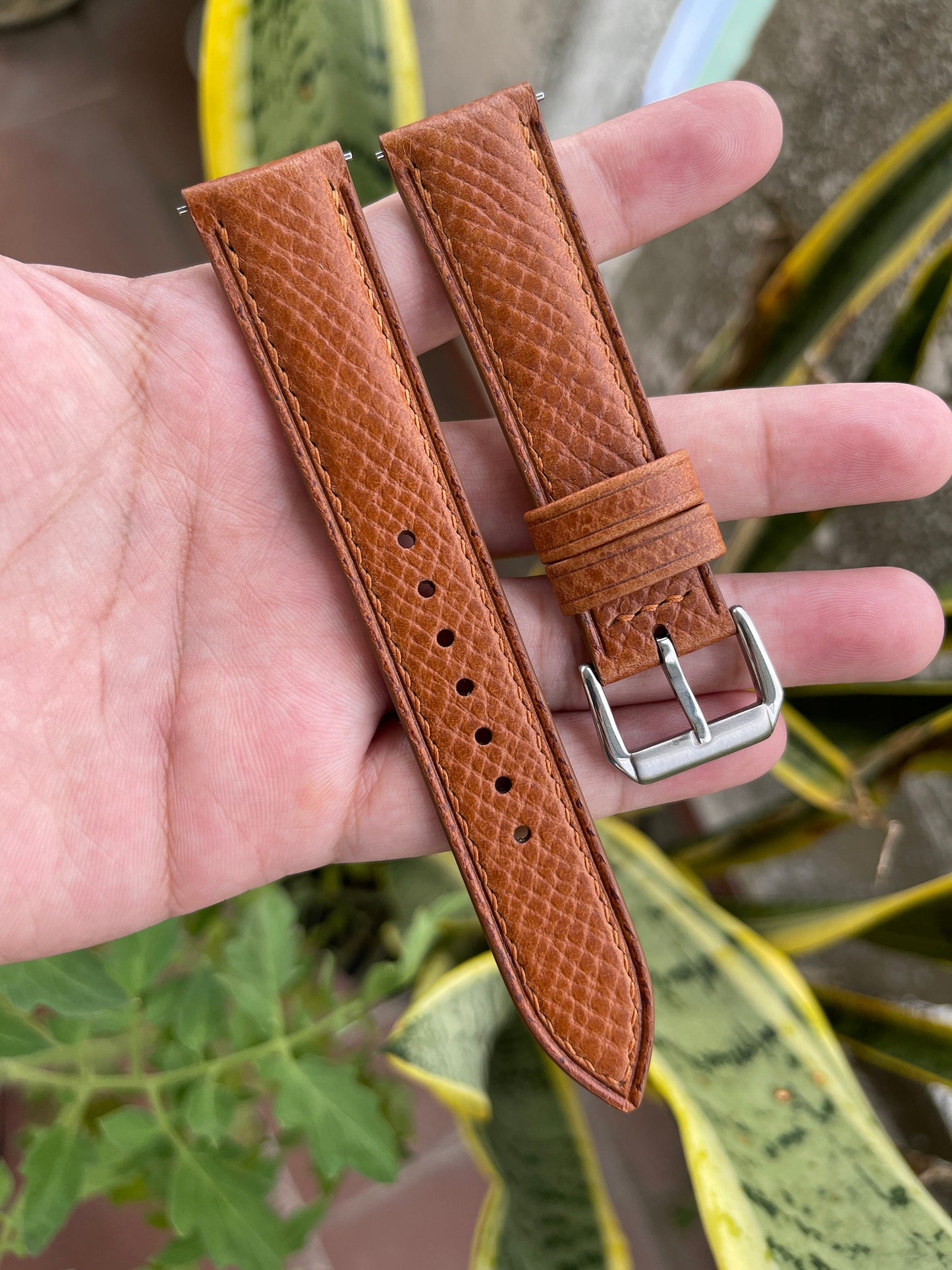 Horween Hatch Grain Leather Watch Strap - Golden Brown with Quick Release