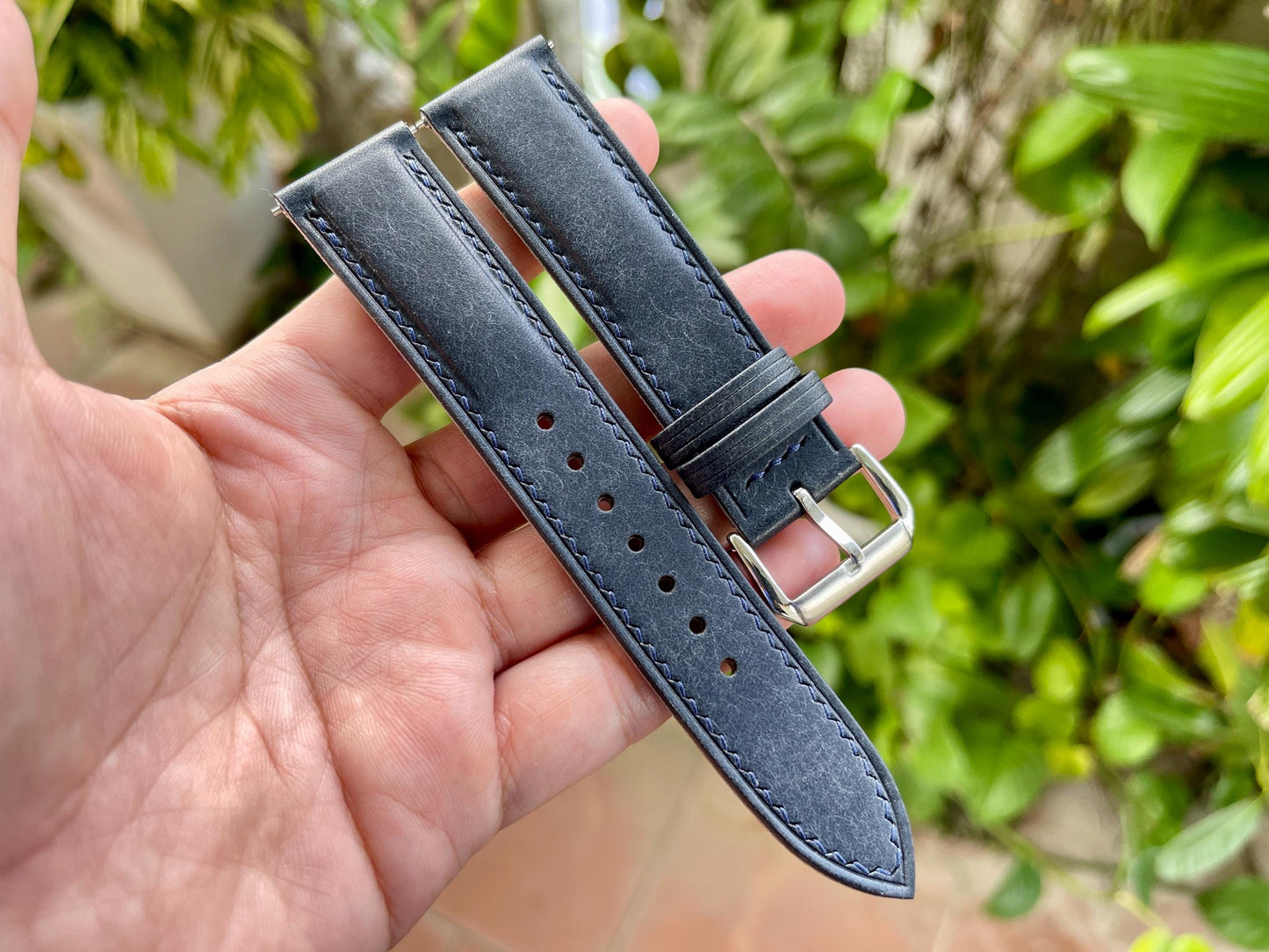 Pueblo Leather Watch Strap In Navy Color, Pre-installed Quick Release Spring Bars
