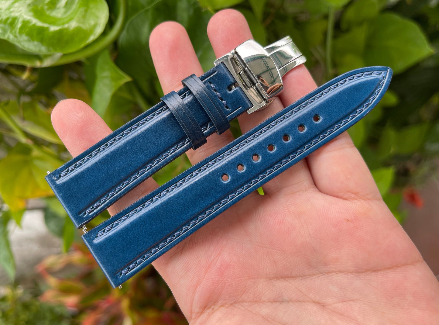 Blue Shell Cordovan Watch Strap with Quick Release Spring Bars