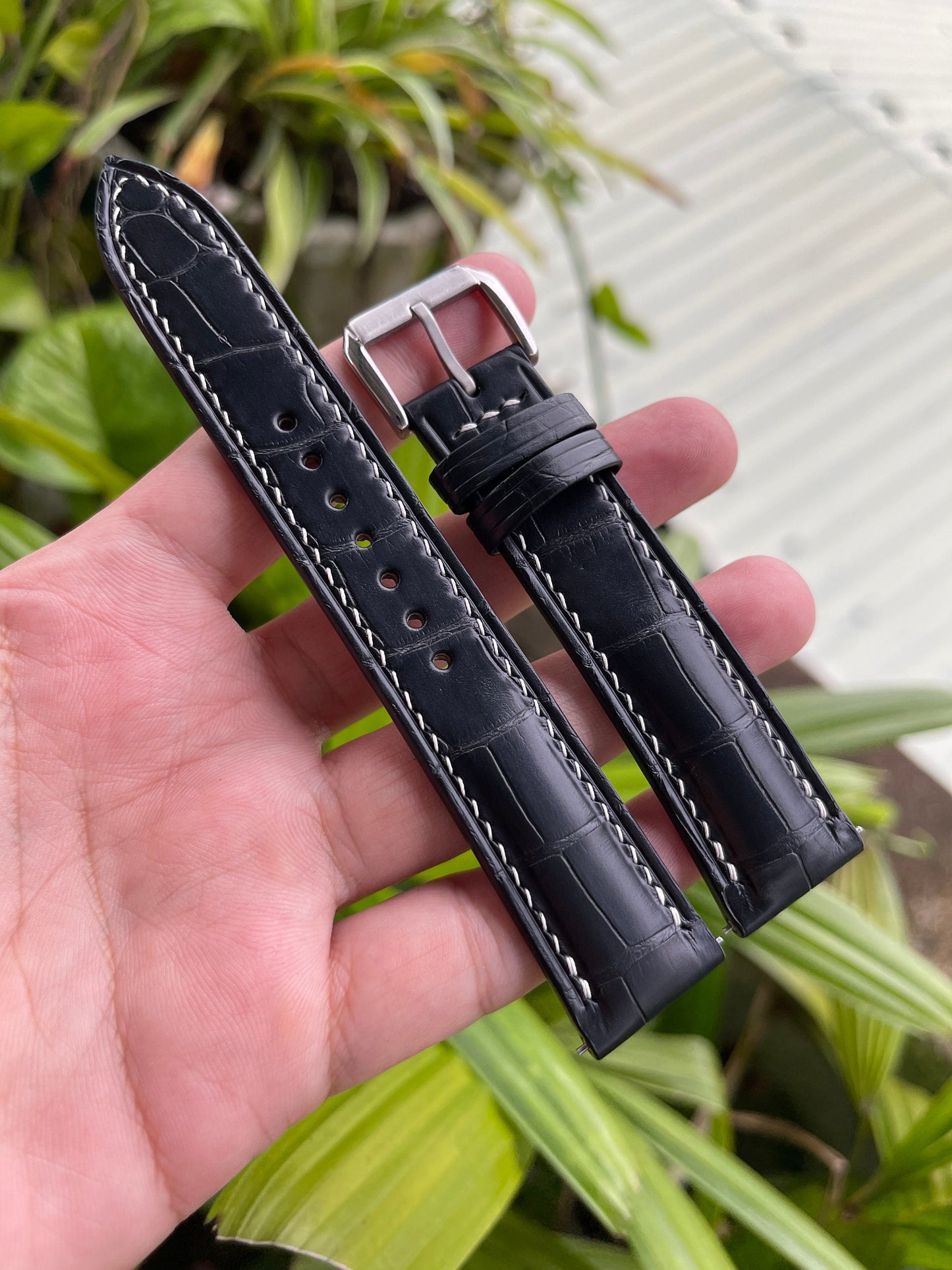 Black Alligator Leather Watch Strap With Quick Release Spring Bars