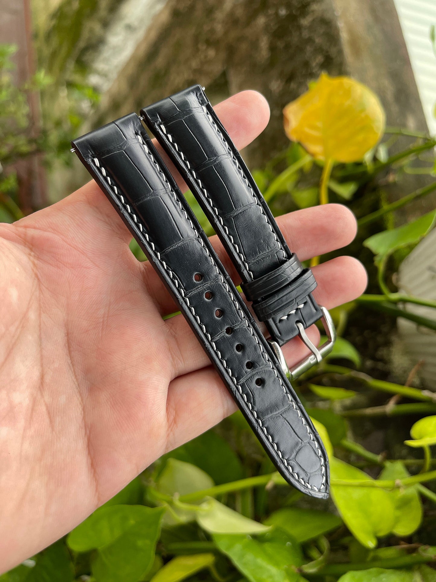 Black Alligator Leather Watch Strap With Quick Release Spring Bars