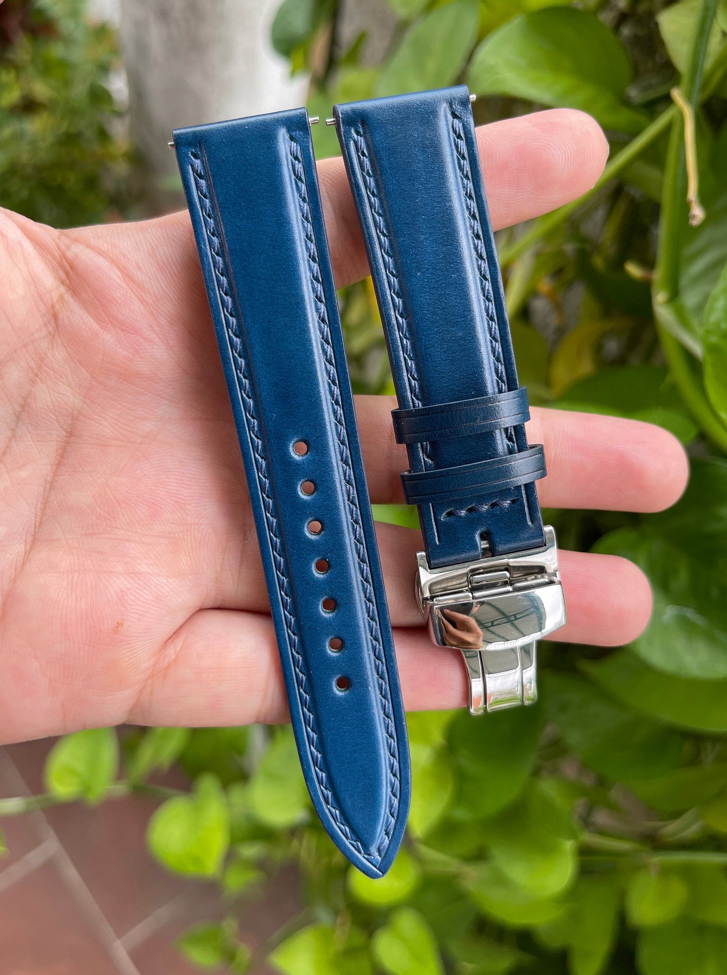 Blue Shell Cordovan Watch Strap with Quick Release Spring Bars