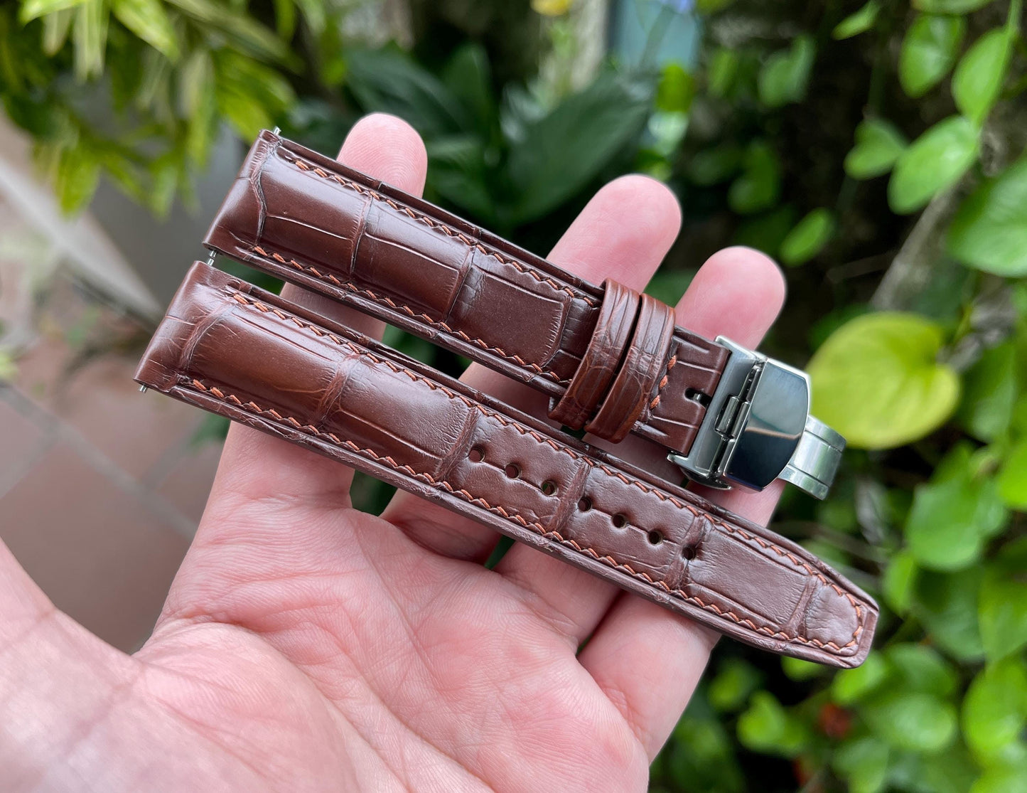 Brown Alligator Leather Watch Strap With Quick Release Spring Bars