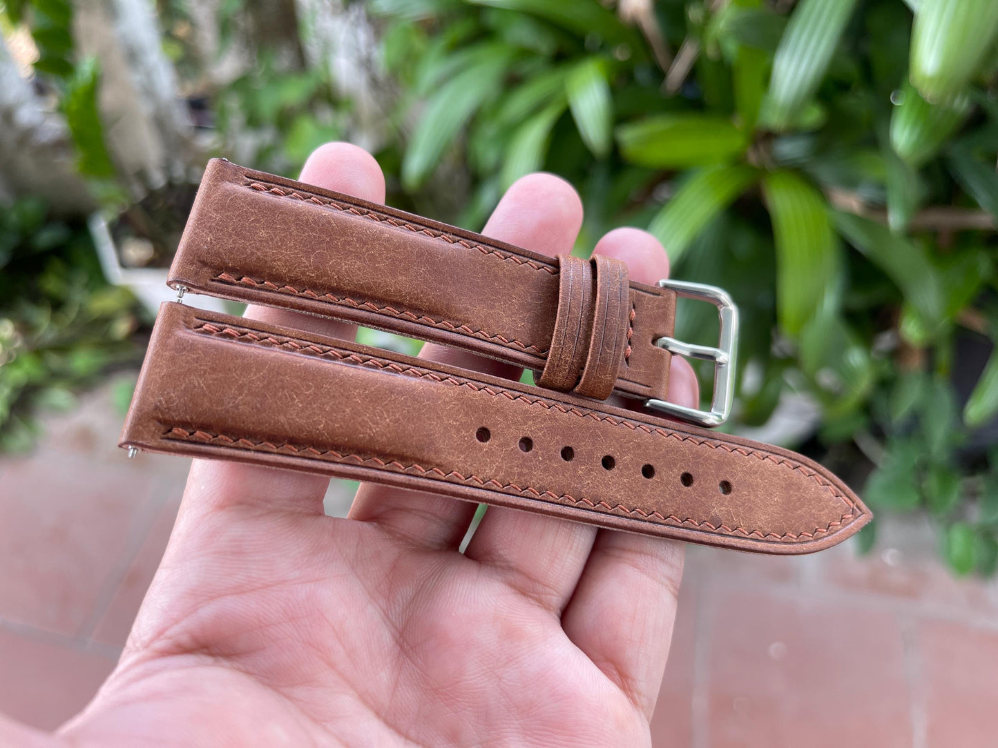 Pueblo Leather Watch Strap in Walnut Color, Pre-installed Quick Release Spring Bars