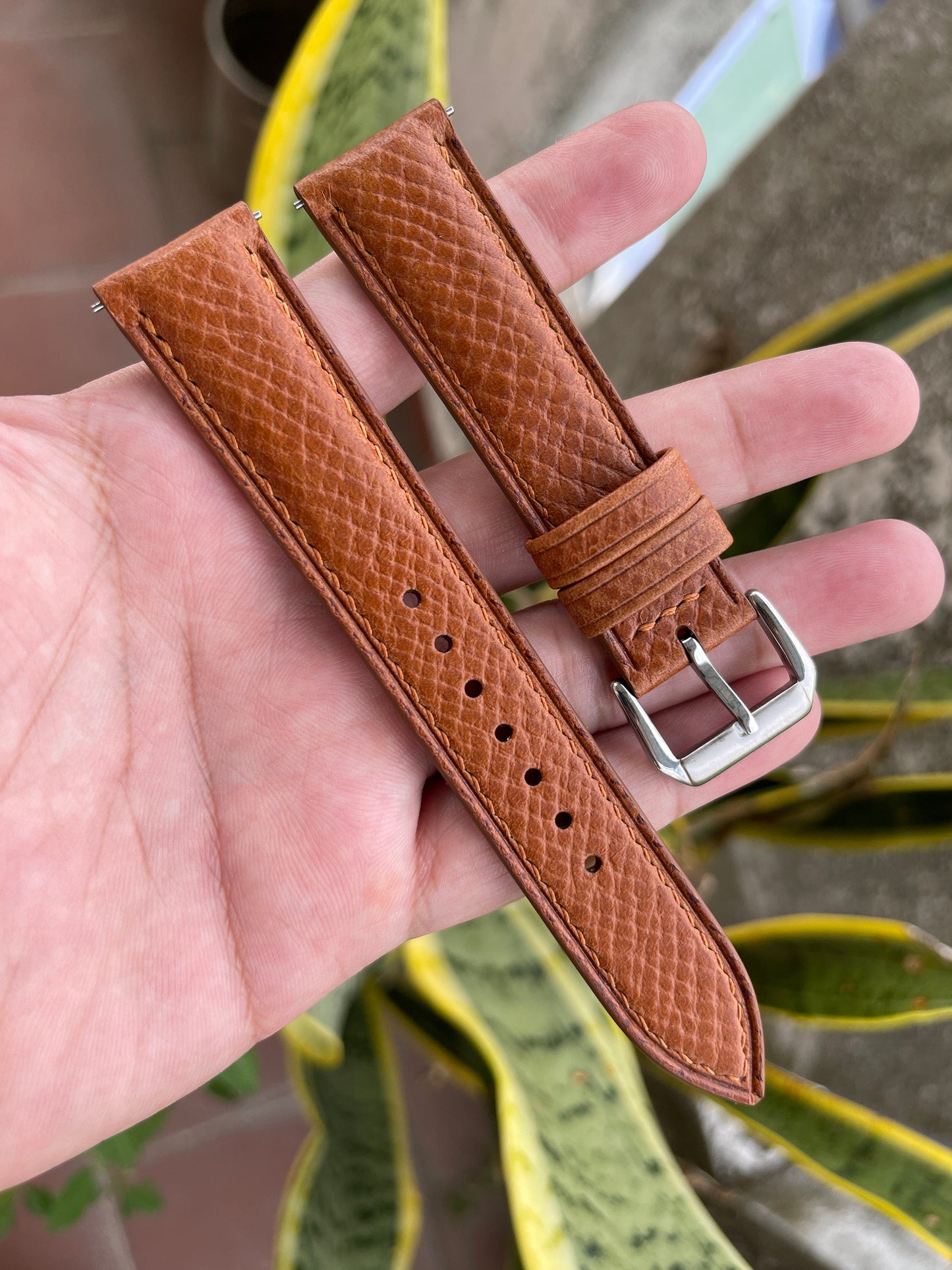 Horween Hatch Grain Leather Watch Strap - Golden Brown with Quick Release
