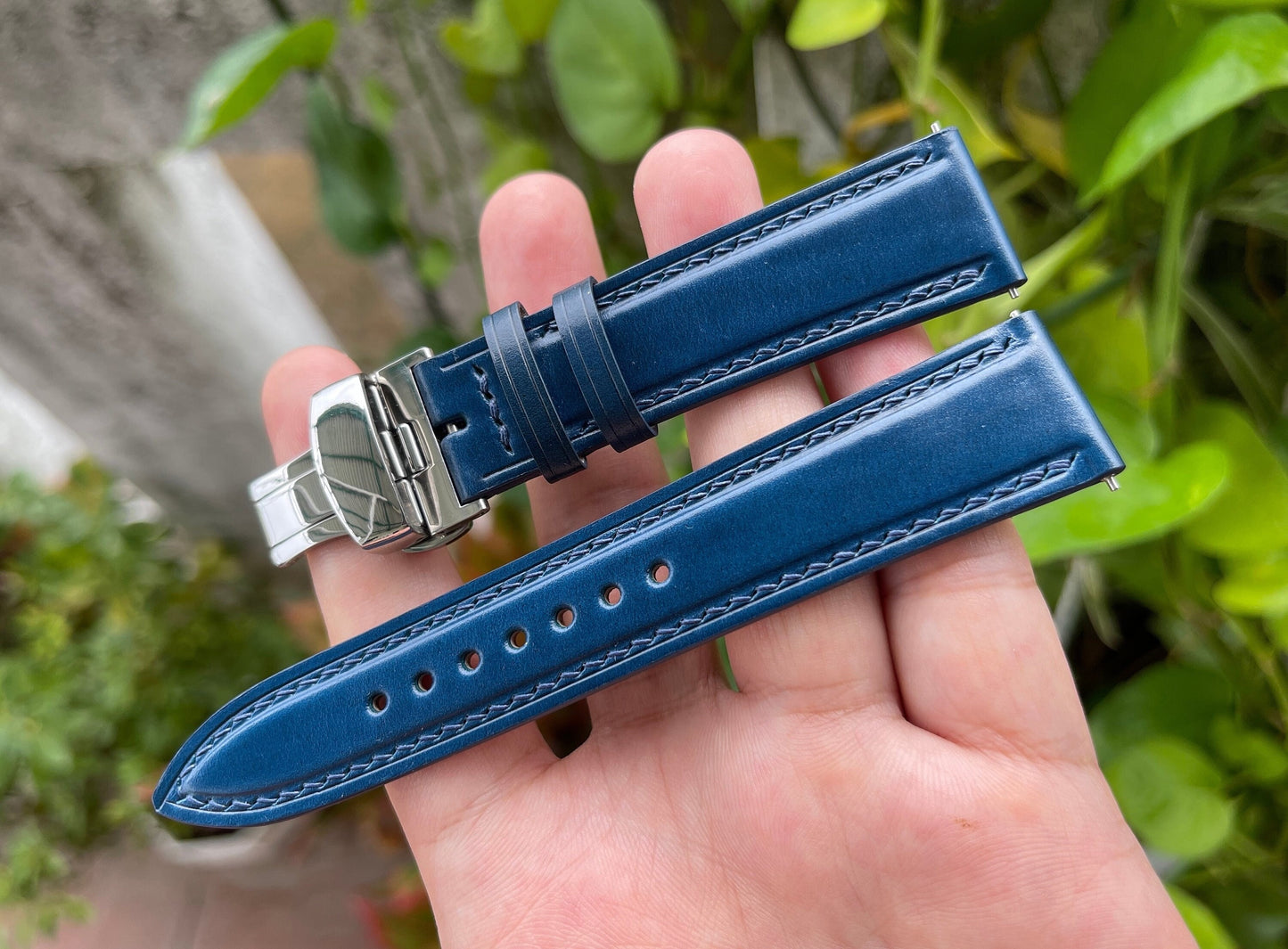 Blue Shell Cordovan Watch Strap with Quick Release Spring Bars