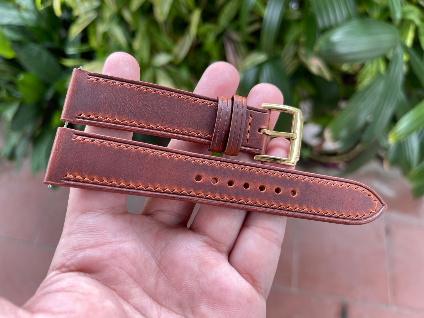 Waxy Leather Watch Strap in Cognac Color, Pre-installed Quick Release Spring Bars