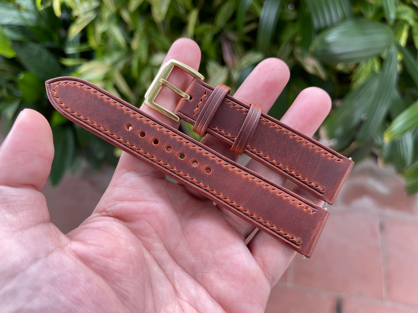Waxy Leather Watch Strap in Cognac Color, Pre-installed Quick Release Spring Bars