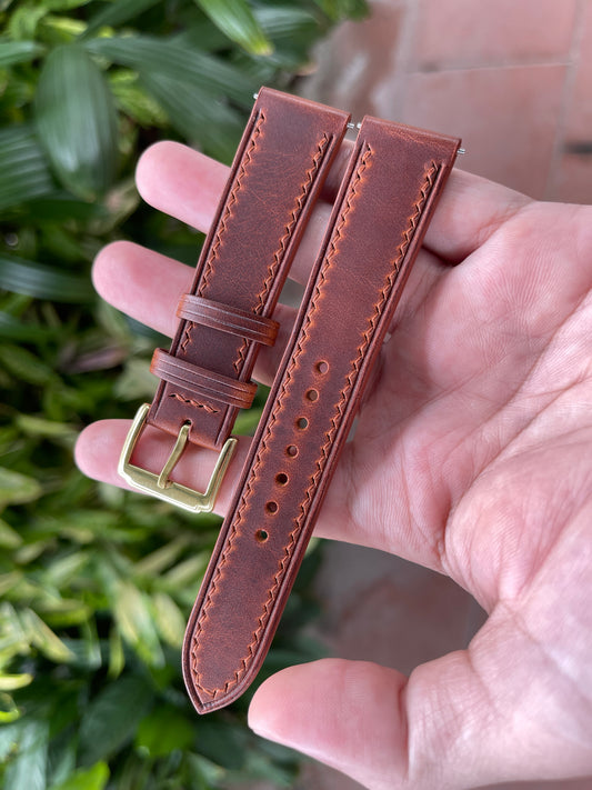 Waxy Leather Watch Strap in Cognac Color, Pre-installed Quick Release Spring Bars