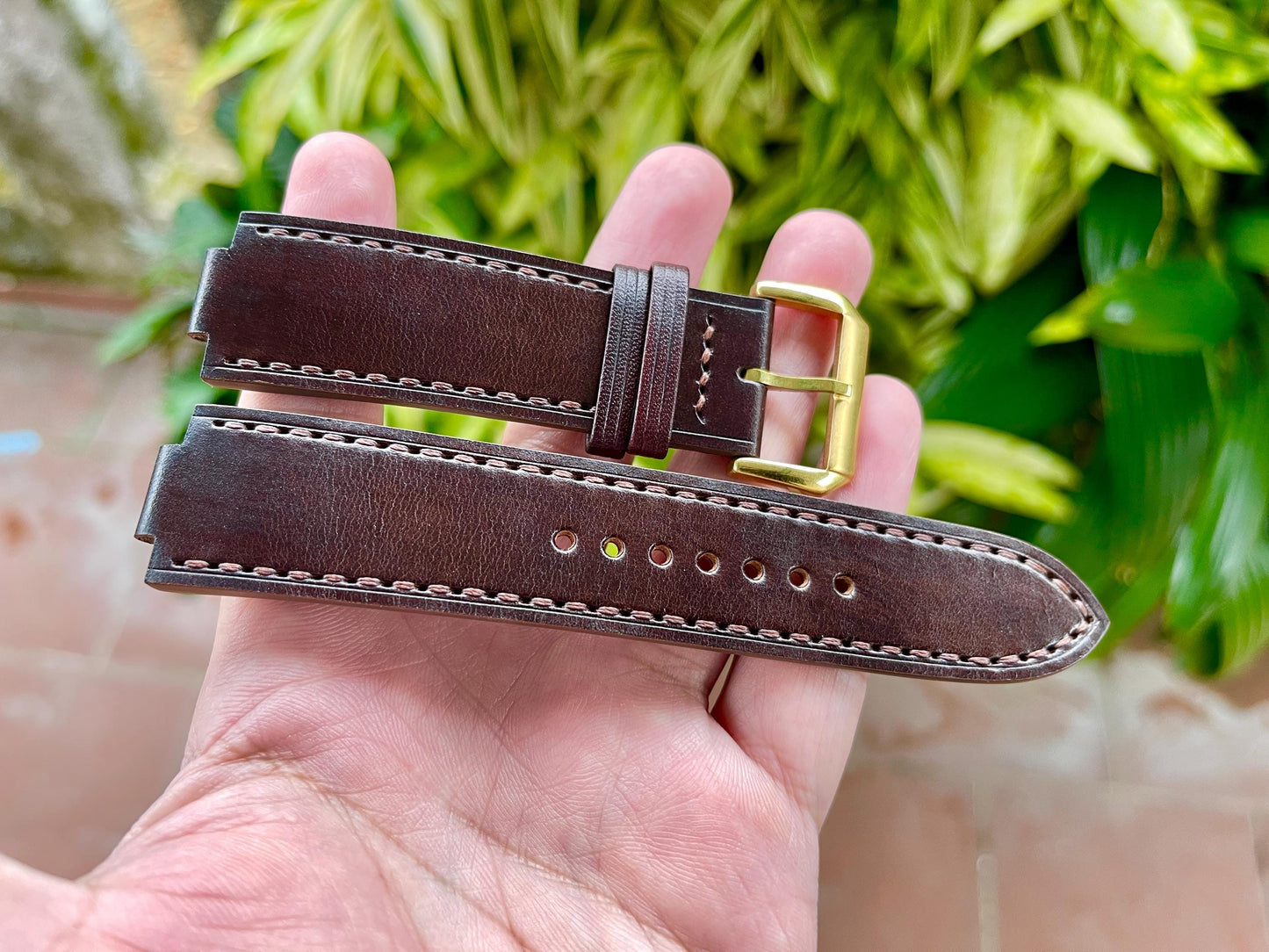 Corner Notched, Centre Notched Watch Strap from Dark Brown Horween Horsehide Strip Leather