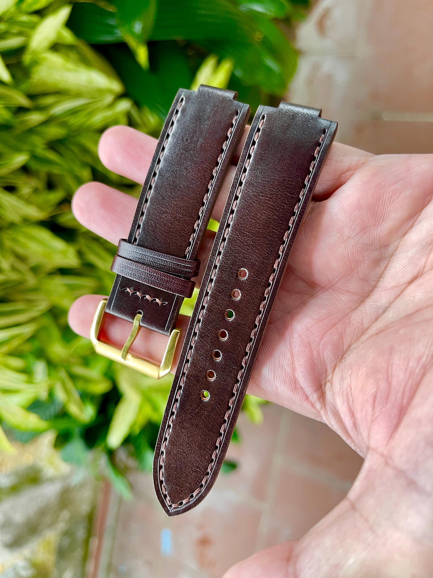 Corner Notched, Centre Notched Watch Strap from Dark Brown Horween Horsehide Strip Leather