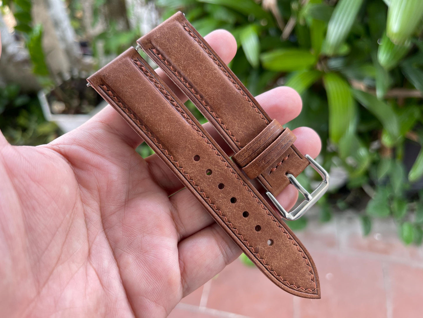 Pueblo Leather Watch Strap in Walnut Color, Pre-installed Quick Release Spring Bars