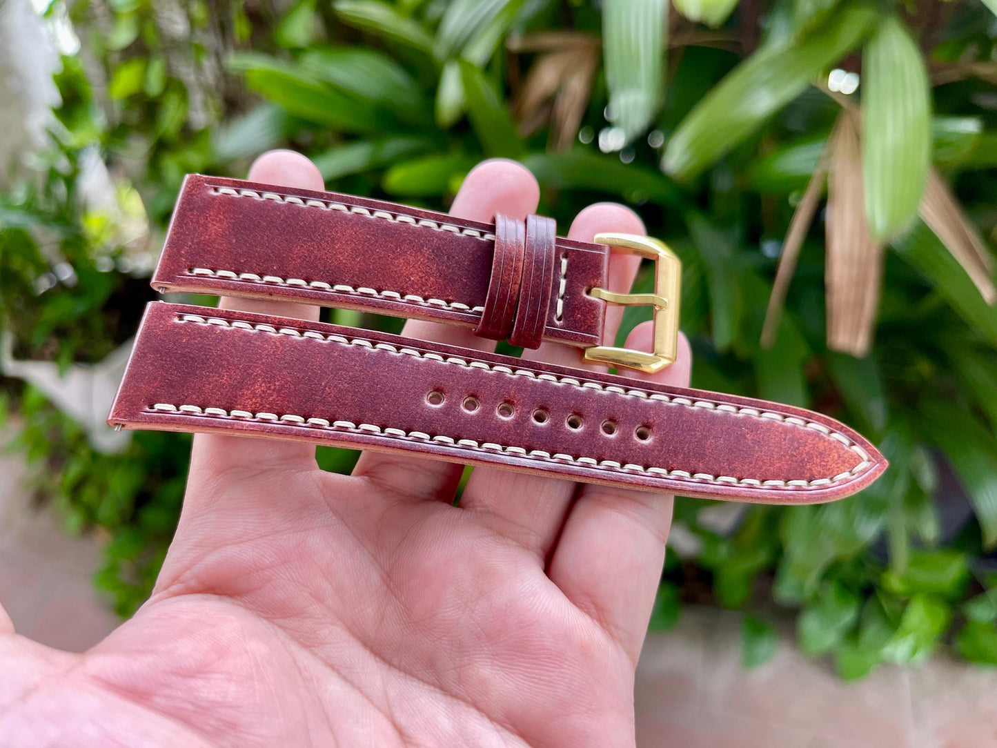 Marbled Burgundy Rocado Shell Cordovan Watch Strap, Pre-installed Quick Release Spring Bars