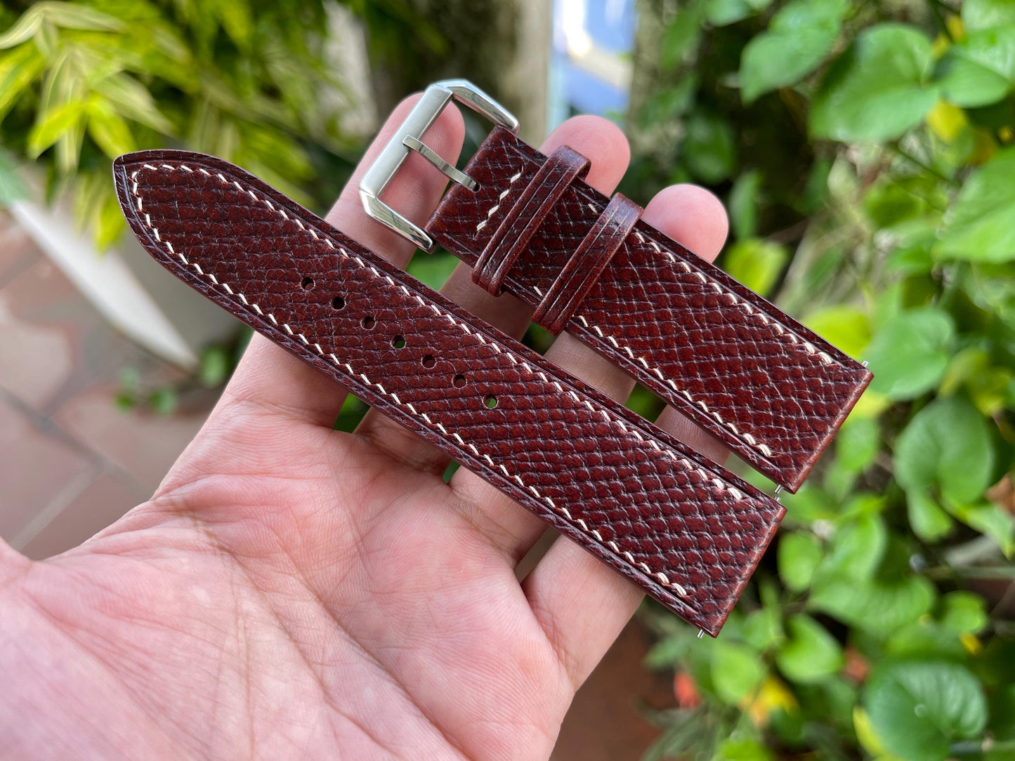 Mahogany Horween Hatch Grain Leather Watch Strap with Quick Release Spring Bars
