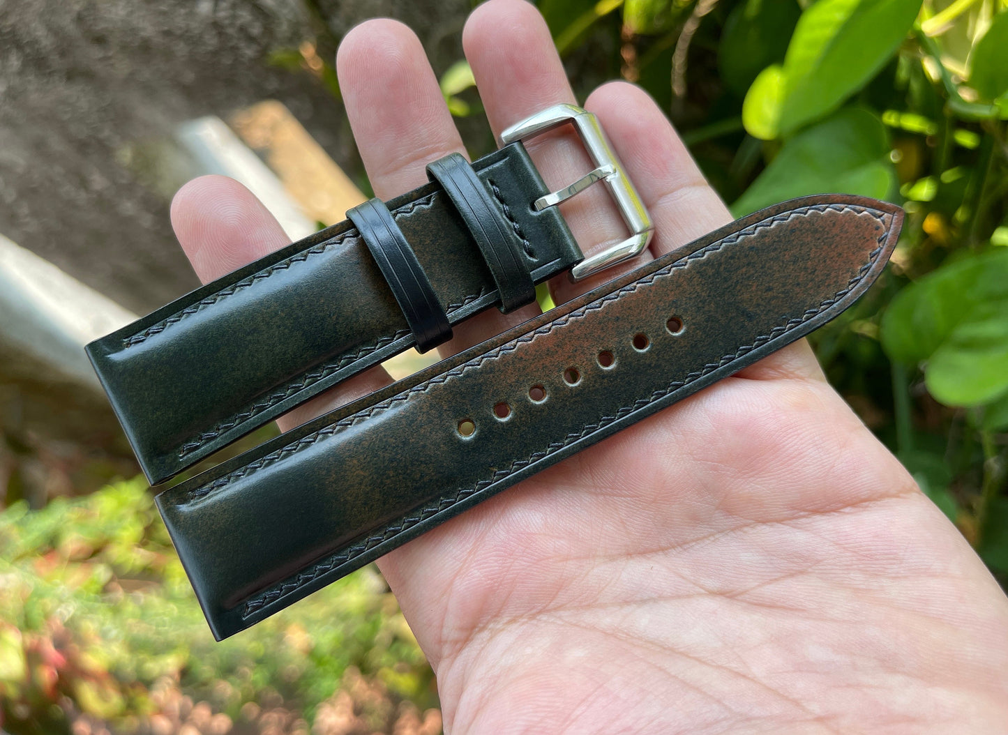 Marbled Black Horween Shell Cordovan Leather Watch Strap with Quick Release