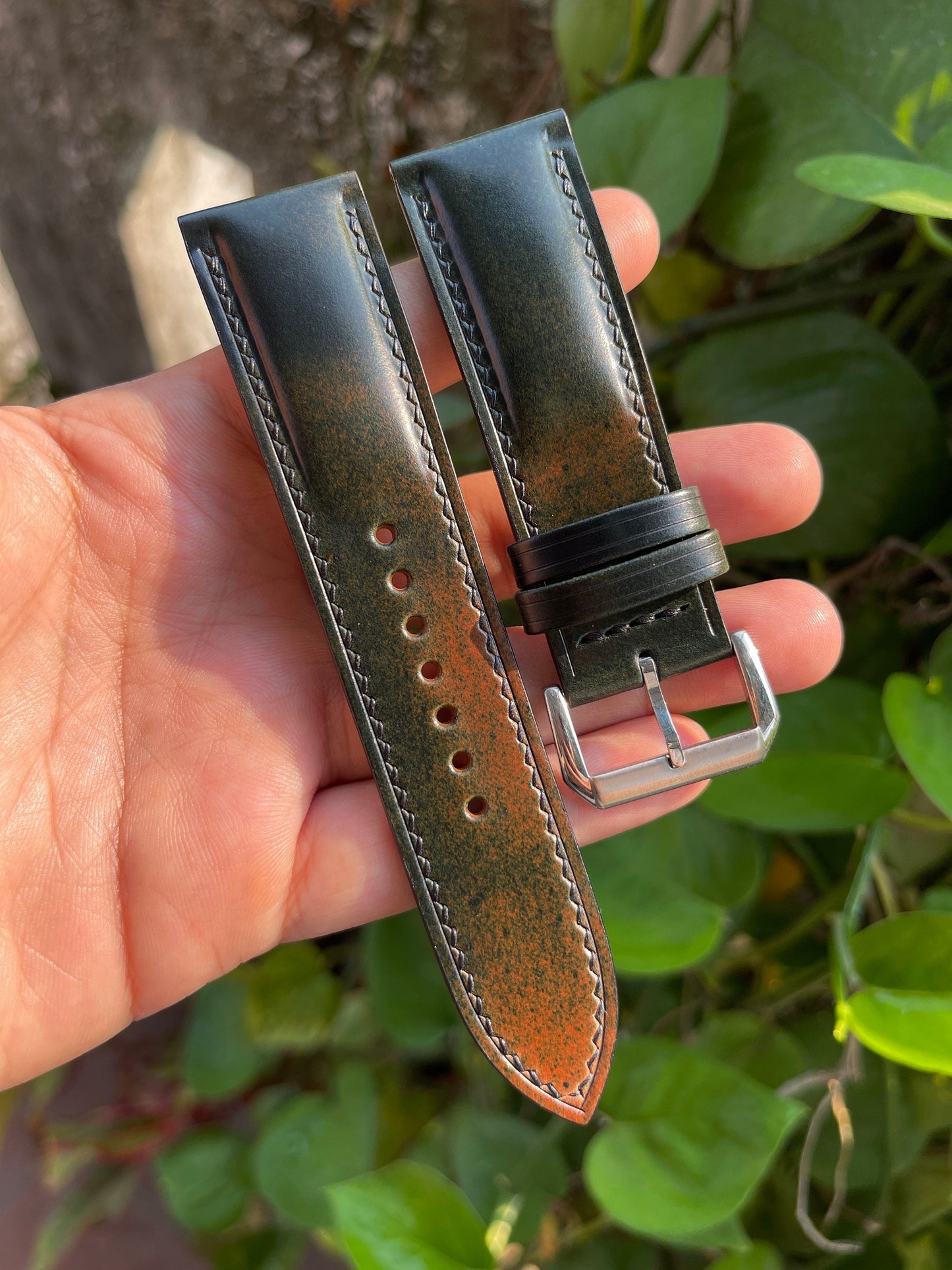 Marbled Black Horween Shell Cordovan Leather Watch Strap with Quick Release