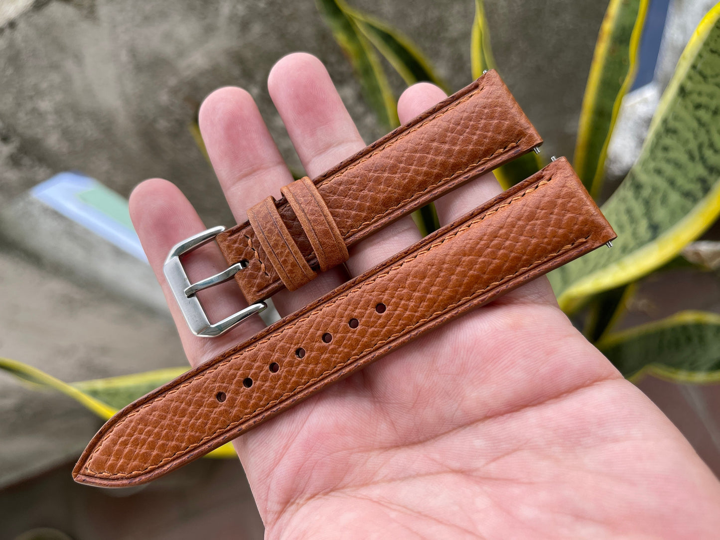Horween Hatch Grain Leather Watch Strap - Golden Brown with Quick Release
