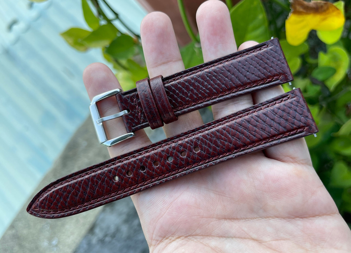 Mahogany Horween Hatch Grain Leather Watch Strap with Quick Release Spring Bars