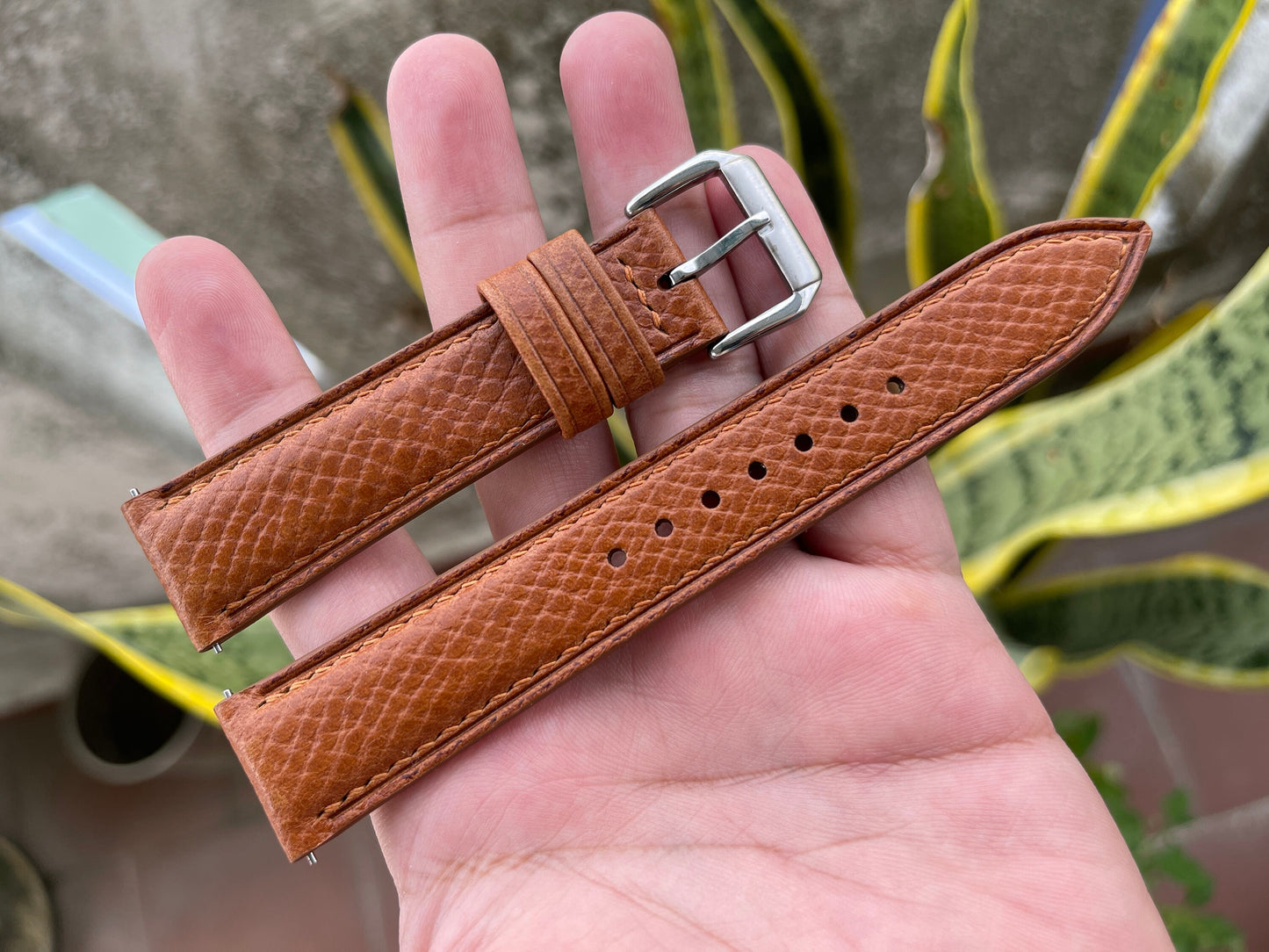 Horween Hatch Grain Leather Watch Strap - Golden Brown with Quick Release