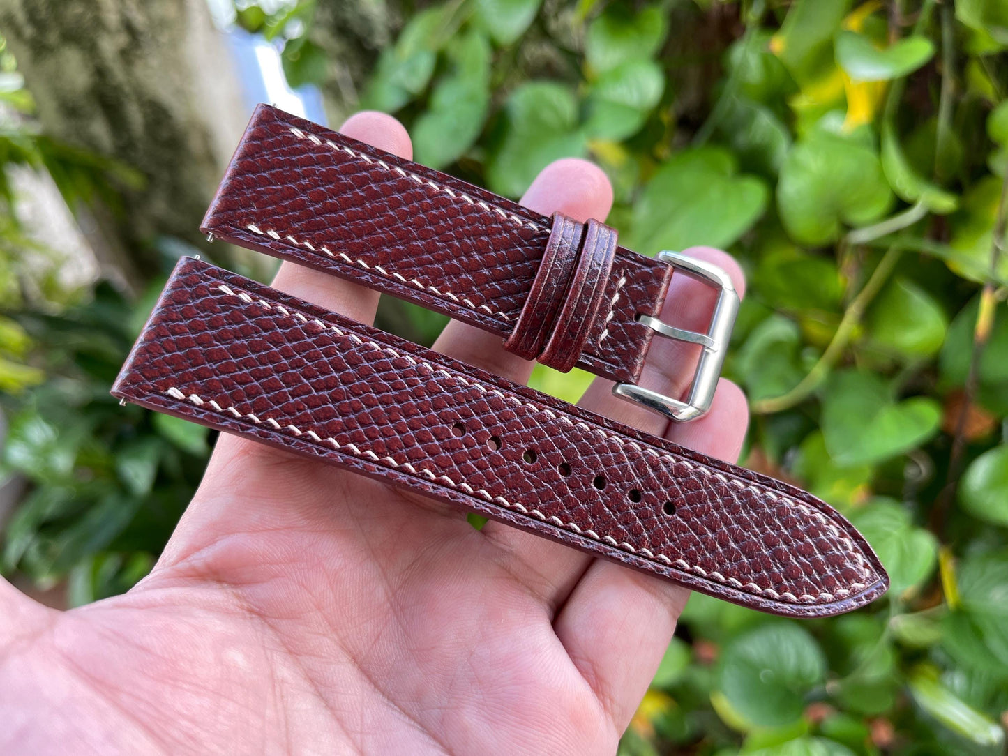 Mahogany Horween Hatch Grain Leather Watch Strap with Quick Release Spring Bars