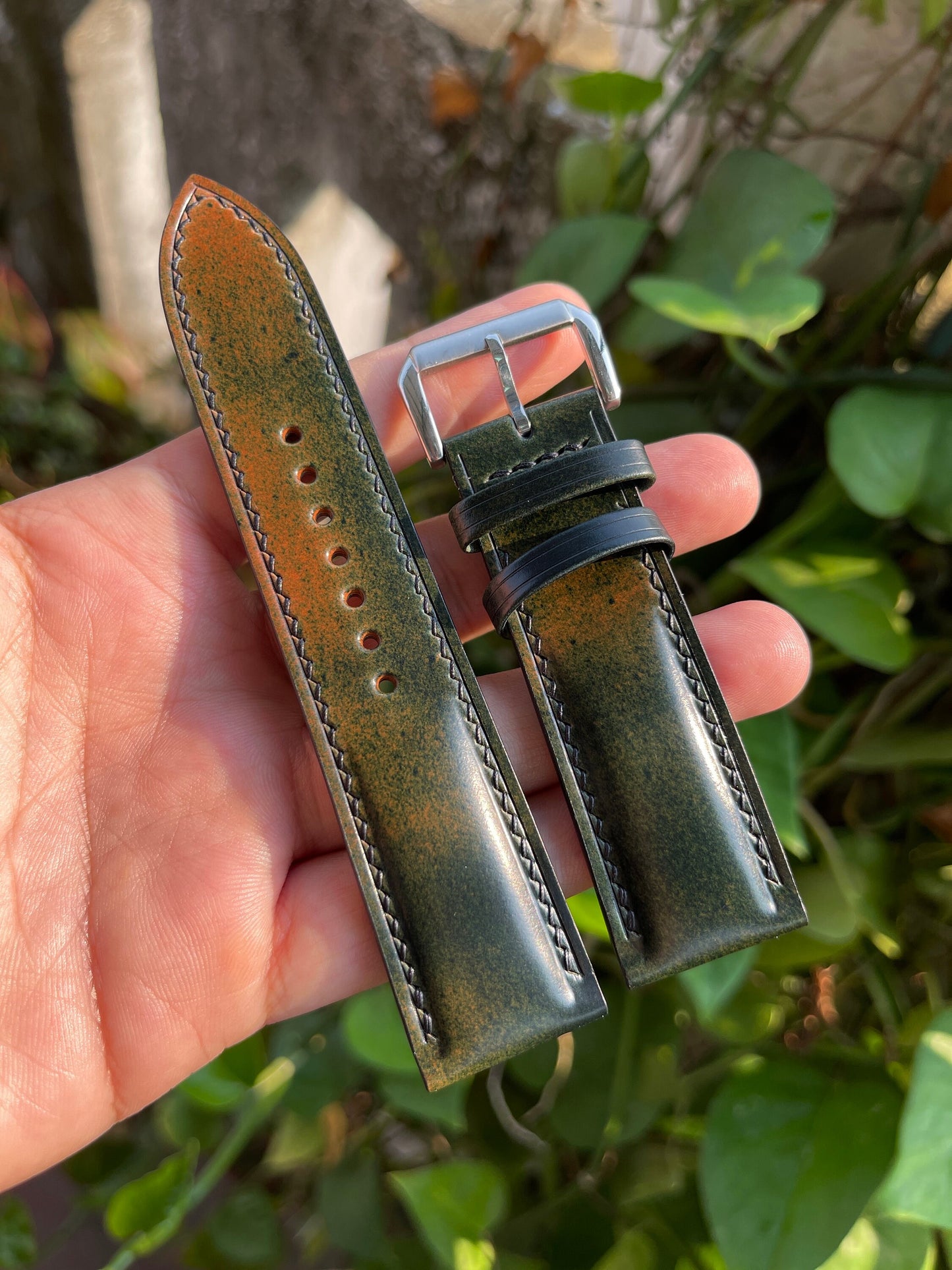 Marbled Black Horween Shell Cordovan Leather Watch Strap with Quick Release